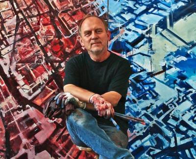 Jan Bresinski vor seinem Werk Megapolis 4-5, 2012