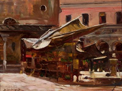 Markt in Italien – Venedig/Z targu we Włoszech – Wenecja, 1901. Öl auf Holz, 22 x 29,8 cm, Inv. Nr. MP 1268 MNW, Nationalmuseum Warschau/Muzeum Narodowe w Warszawie