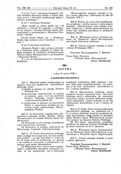 Erlass des Sejm über den Entzug der polnischen Staatsbürgerschaft vom 31. März 1938 - Erlass des Sejm über den Entzug der polnischen Staatsbürgerschaft vom 31. März 1938 