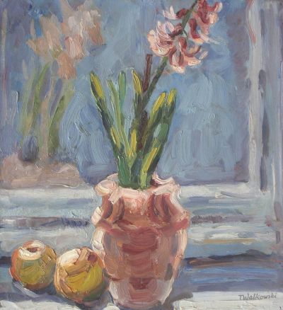 Blumenstillleben/Kwiat w wazonie, vor 1939. Öl auf Pappe, 41,5 x 38 cm, im Auktionshandel (Dom Aukcyjny ALTIUS, Warschau, 2013)