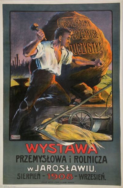 Plakat für die Industrie- und Landwirtschaftsausstellung in Jarosław, Krakau 1908. 95 x 62,7 cm, Inv. Nr. NMK III-af-465, Nationalmuseum Krakau/Muzeum Narodowe w Krakowie