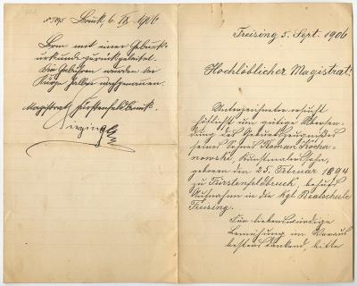 Roman Kochanowskis Schreiben an das Magistrat Freising vom 05.09.1896, betrifft Sohn Roman, geboren 1894, erste und vierte Seite, mit Unterschrift des Künstlers, 18 x 22,6 cm