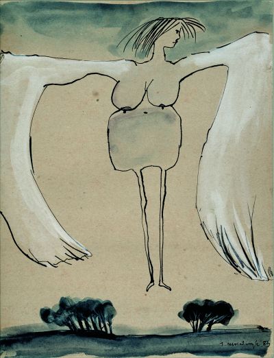 Abb. 4: Geteilte Landschaft, gestaltete Landschaft 19, 1983 - Schwarze Tusche, Gouache auf Papier, 25x32 cm, Privatbesitz