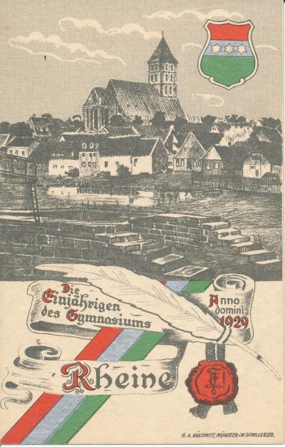 Front: Commemorative card “The first year students at the grammar school in Rheine”, 1929