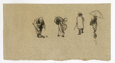 Roman Kochanowski, Skizzenbuchblatt mit vier Figuren, Bleistift auf Papier, 8,4 x 15,7 cm