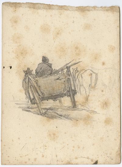Roman Kochanowski, Skizzenbuchblatt mit einem Bauerngespann in Fahrt, Bleistift auf Papier, 15 x 11 cm