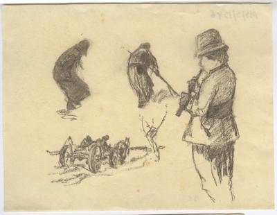 Roman Kochanowski, Skizzenbuchblatt mit zwei Frauen, einem Flötenspieler und einem Bauerngespann, Bleistift auf Papier, 14,3 x 18,7 cm
