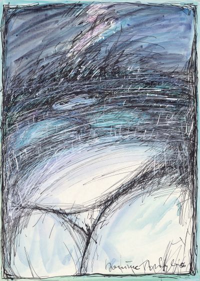 Menschen, Grenzen, Landschaften 30, 1986. Gouache, Aquarell, weiße und schwarze Tusche, Mischtechnik auf Papier, 29,5x41 cm, Privatbesitz