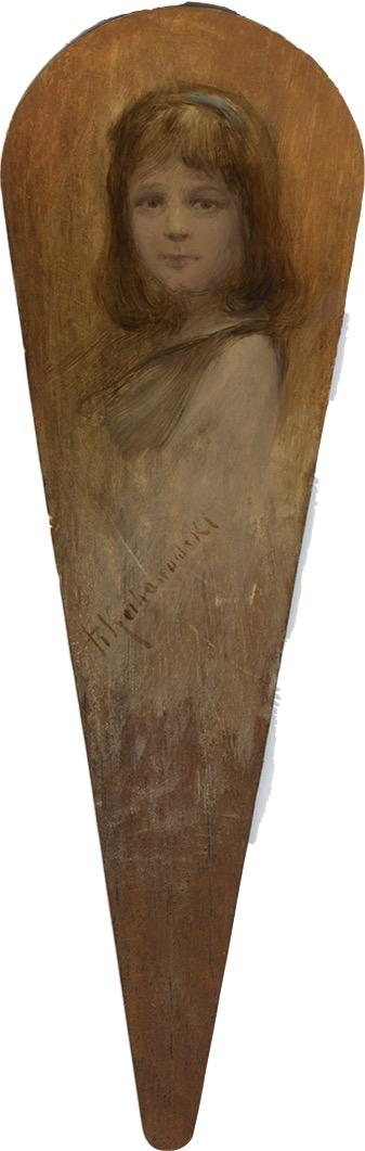Roman Kochanowski, Girl, fan leaf, oil on mahogany, 27 x 8.5 cm