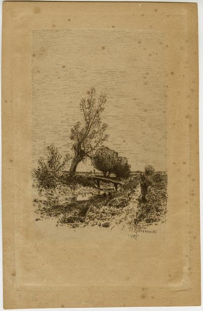 Roman Kochanowski, Pejzaż z wieśniaczką, 1887, miedzioryt, papier, odbitka miedziorytnicza, 23 x 15 cm