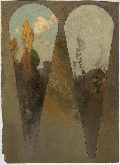 Roman Kochanowski, two fan leaves, drafts, oil on paper, 28.7 x 26.4 cm