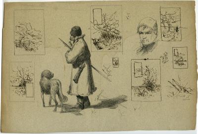 Roman Kochanowski, illustrations, Hunter with a dog and a man’s head, drafts, pen and ink on paper, 20.6 x 29.5 cm