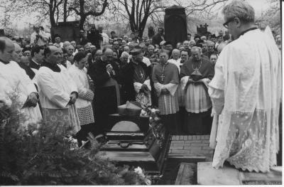 The funeral of Bishop Trochta in Leitmeritz / Czechoslovakia 1974. The silent sermon given by bishops and cardinals because they were banned from speaking. Fourth from the left in the first row, the Archbishop of Kraków, Karol Wojtyla