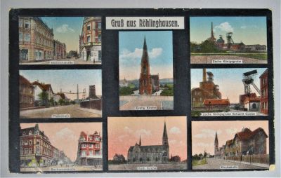 Röhlinghausen. Historische Ansichtskarte von ca. 1912–1920 - Die Karte zeigt u.a. die katholische Kirche St. Barbara (unteres Bild in der Mitte), die Zeche Königsgrube (rechts) sowie Koloniehäuser an der Plutostraße (im Volksmund „polnischer Querschlag“, links).