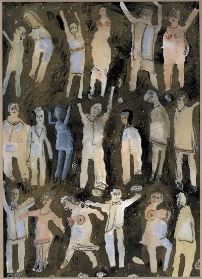 Abb. 21: Begegnungen unterwegs (III) 3, 2013 - Schwarze, weiße Tusche, Gouache auf Papier, 29x40 cm, Privatbesitz