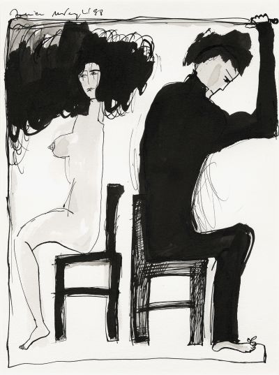 Begegnungen unterwegs (II) 6, 1998. Schwarze Tusche auf Papier, 29x39 cm, Privatbesitz