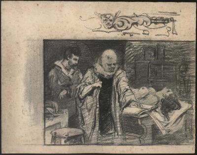Roman Kochanowski, Scena historyczna - ilustracja, papier, czarna kredka, 28 x 35,5 cm