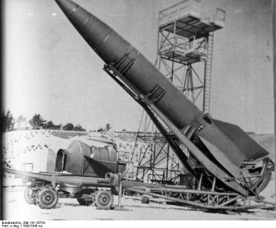 V2 rocket on launch pad in Peenemünde.