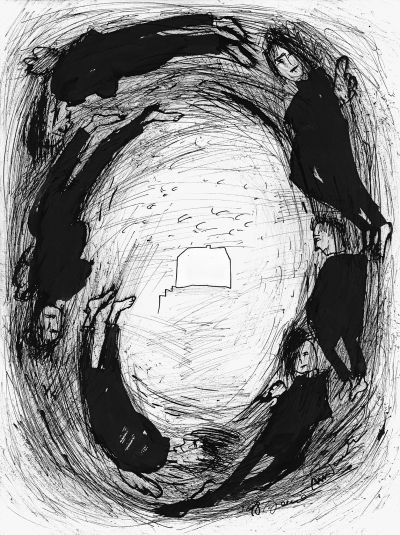 Mieträume 4, 1998. Schwarze Tusche auf Papier, 42x32 cm, Privatbesitz