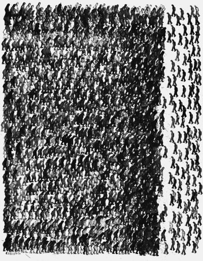 Fortgang, Exodus 41, 2000. Schwarze Tusche auf Papier, 32x41 cm, Privatbesitz