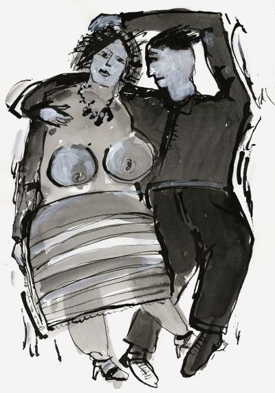 Begegnungen unterwegs (III) 8, 2011. Schwarze Tusche, Gouache auf Papier, 28x40 cm, Privatbesitz