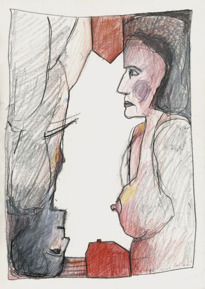 Fig. 60: “Meetings on the Road” (Begegnungen unterwegs) 12, 1995 - Coloured pencils on paper, 29.5x42 cm, private collection