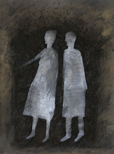 Abb. 66: Geister und Häuser 16, 2015 - Acrylfarbe, Buntstifte auf Papier, 30x40 cm, Privatbesitz