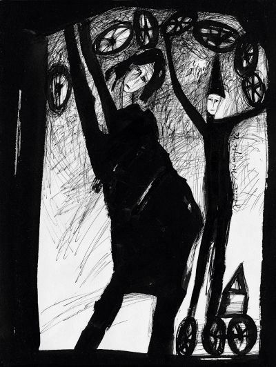 Fig. 68: “Meetings on the Road” (Begegnungen unterwegs) 24, 1996 - Black ink on paper, 32x42 cm, private collection