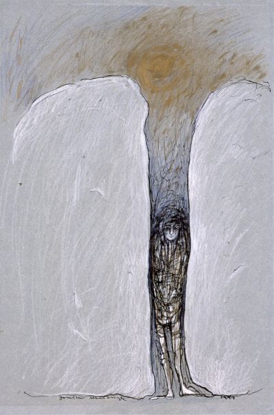 Abb. 71: Menschen, Grenzen, Landschaften 6, 1988 - Schwarze Tusche, Gouache, Kreide auf Papier, 31x47 cm, Privatbesitz