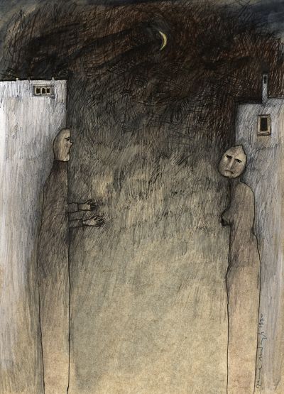 Fig. 72: “People, Borders, Landscapes” (Menschen, Grenzen, Landschaften) 1, 1990 - Black ink, chalk, coloured pencils, acrylic on paper, 21x29 cm, private collection