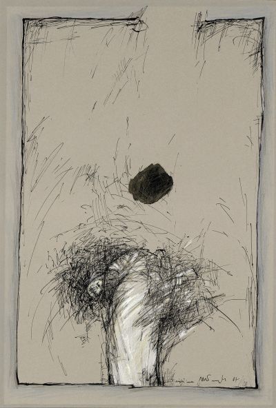 Menschen, Grenzen, Landschaften 5, 1987. Schwarze Tusche, Bleistift, Acryl auf getöntem Papier, 30x44 cm, Privatbesitz