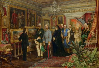 Juliusz Kossak, Wizyta cesarza Franciszka Józefa w domu Jana Matejki, akwarela, 1881, Muzeum Narodowe w Krakowie