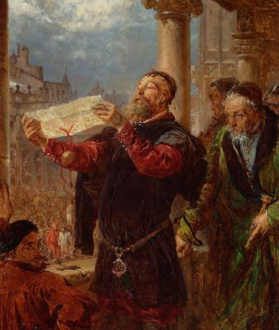 Abb. 10: Die Verurteilung Matejkos 1867 - Jan Matejko: Die Verurteilung Matejkos, 1867, Öl auf Karton, Nationalmuseum Warschau