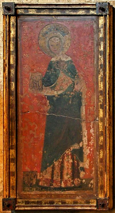 Ganzfigurenporträt der seligen Richeza, Öl auf Schiefer, 14. Jahrhundert, Johanneskapelle, Hohe Domkirche Köln