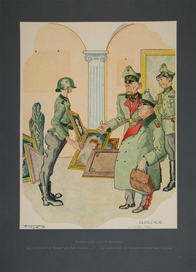 Stanisław Toegel: The conquerors of Warsaw receive their trophies. From the series: Hitleriada macabra, sheet 10, Verlag Antoni Markiewicz, Celle 1946. Offset lithograph on a dark-grey passe-partout, 32.5 x 24.5 cm.