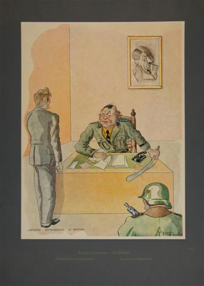 Stanisław Toegel: Preliminary Invesitgation by the Gestapo. From the series: Hitleriada macabra, sheet 2, Verlag Antoni Markiewicz, Celle 1946. Offset lithograph on a dark-grey passe-partout, 32.5 x 24.5 cm.