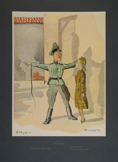 Stanisław Toegel: SS-Sadist. From the series: Hitleriada macabra, sheet 5, Verlag Antoni Markiewicz, Celle 1946. Offset lithograph on a dark-grey passe-partout, 32.5 x 24.5 cm.