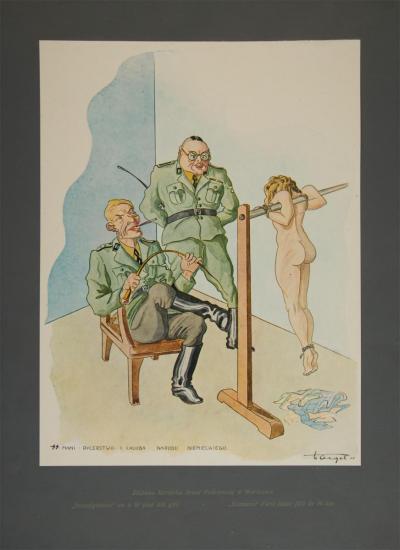 Stanisław Toegel: Investigating a 16-year old girl. From the series: Hitleriada macabra, sheet 7, Verlag Antoni Markiewicz, Celle 1946 (Polish title: A captured courier from the underground army in Warsaw. Text on the drawing: “SS men – Knights and the pride of the German people). Offset lithograph on a dark-grey passe-partout, 32.5 x 24.5 cm.