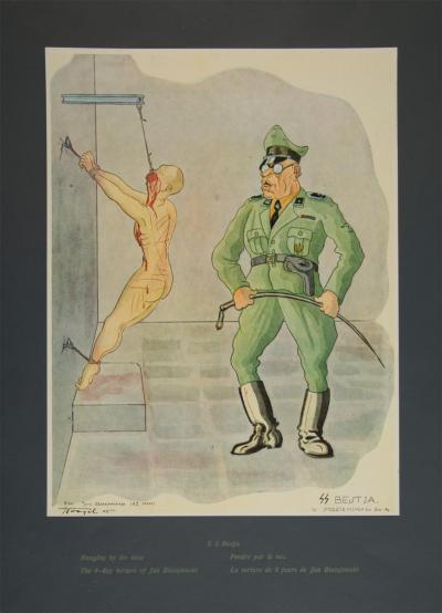 Stanisław Toegel: SS Beast. Hanged by the nose, the eight-day martyrdom of Jan Blazejowski. From the series: Hitleriada macabra, sheet 8, Verlag Antoni Markiewicz, Celle 1946. Offset lithograph on a dark-grey passe-partout, 32.5 x 24.5 cm.
