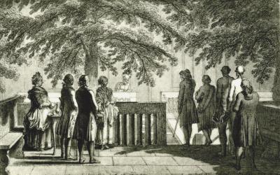 Daniel Chodowiecki: On the entrance terrace to the “English House“, 1773 (collotype from: From Berlin to Danzig. An artist’s journey …, Berlin 1895. Original drawing in the Akademie der Künste, Berlin, Inv. no. Chodowiecki 34)