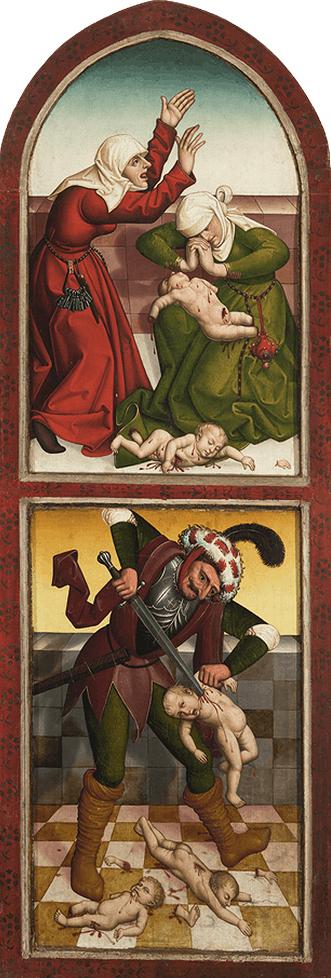 Kindermord von Bethlehem (linker Flügel, Rückseite: Zwei von vier Kirchenlehrern), um 1490