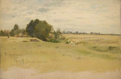 Roman Kochanowski, Landschaft mit Kühen, 1899, Öl auf Leinen, 20 x 30,5 cm