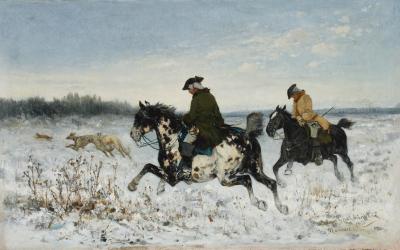 Jan Chełmiński (1851-1925): Mit der Meute auf der Jagd, München 1875. Öl auf Leinwand, 34 x 53 cm