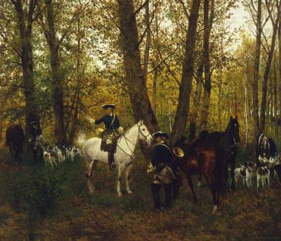 Maksymilian Gierymski: Odpoczynek na polowaniu, 1872/73, olej na desce, 27 x 32 cm