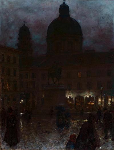 Aleksander Gierymski (1850-1901): Plac Wittelsbachów w Monachium w nocy, 1890, olej na płótnie, 67 x 52 cm.