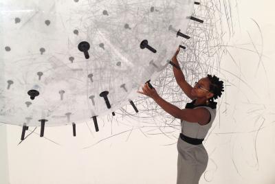 ADA, 2011. Analogue interactive installation / kinetic sculpture / post-digital drawing machine, PVC balloon, charcoal, helium, Ø = 300 cm.