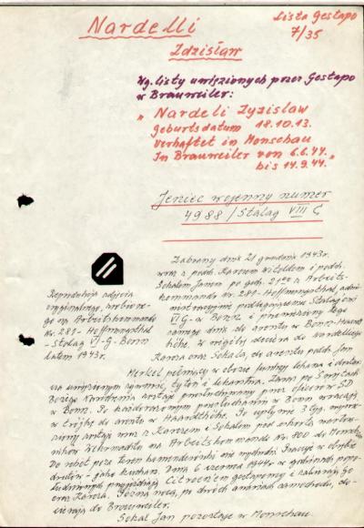 Protokół aresztowania przez gestapo. Protokół aresztowania Zdzisława Nardellego przez gestapo i uwięzienia od 6.06 do 14.09.1944 r. w więzieniu w Brauweiler.