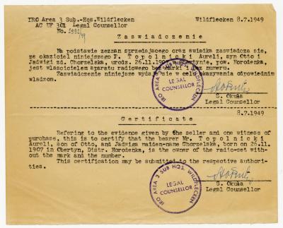 Dokument Nr. 2 - Bescheinigung über den Besitz eines Radioempfängers (Polnisch/Englisch) 