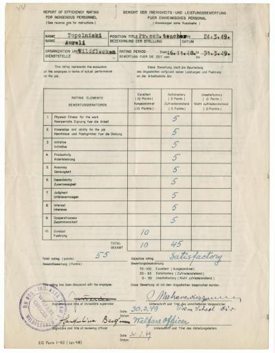 Dokument Nr. 13/1 - Bericht der Fähigkeits- und Leistungsbewertung für einheimisches Personal; Bewertungszeitraum: 16.11.1948-31.3.1949. 