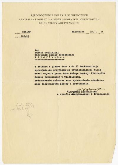 Bestätigung als Volksschulleiter in Wildflecken,  25.7.1949